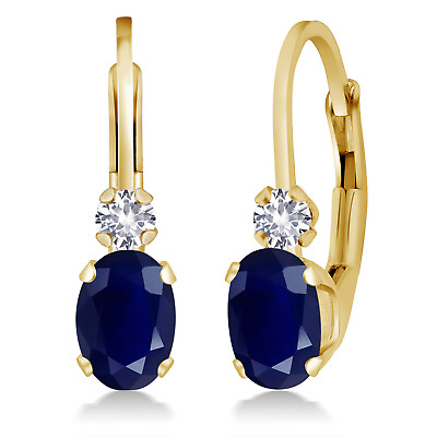 #ad 14K Yellow Gold Sapphire and White Created Sapphire Earrings For Women 1.18