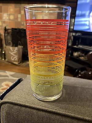 #ad Vintage Federal Red Yellow Orange Green Striped Drinking Glass 14 oz RARE
