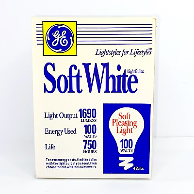#ad NOS GE 100 Watt A19 Soft White Incandescent Light Bulbs 1690 Lumens 750 Hour 4pk