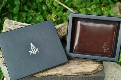 #ad Masonic Brown Leather Bi Fold Wallet Mason Embossed Square and Compasses NEW