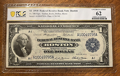 #ad 1918 $1 Federal Reserve Bank Note PCGS 62 UNCIRCULATED Boston MA 795A