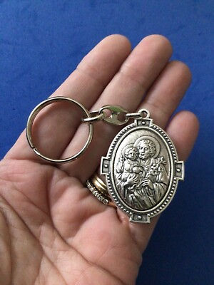 #ad HOLY FAMILY ST JOSEPH Devotion Saint KEY CHAIN Italy Two Sided Silver Tone