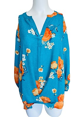 #ad Tacera Top Blouse Womens 1X Blue Orange Floral Hi Low Roll Tab Sleeve V Neck