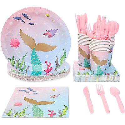 #ad 144 Piece Mermaid Party Pack for 24 Plate Napkin Cup Fork Spoon Knives