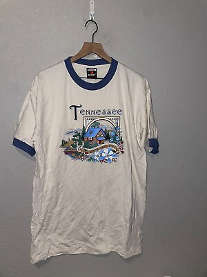 #ad 90s Vintage Signal TN Tennessee Gatlinburg Cabin Mountain White Ringer Shirt 199