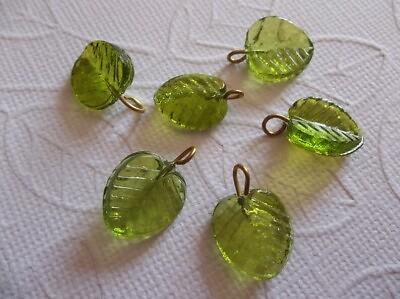 #ad Olive Green Glass Leaf Charms Beads Leaves with Brass Loops 13X12mm 12 pcs