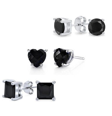 #ad 3 Pack 925 Sterling Silver Black Onyx Cubic Zirconia Stud Earrings Set Men Women