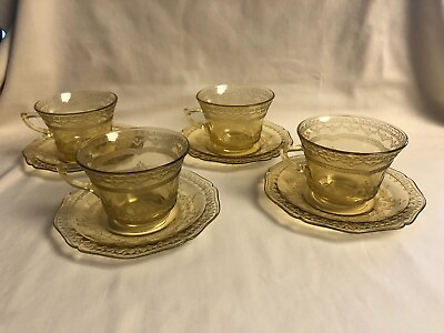 #ad Vintage Federal Glass Patrician Spoke Amber Yellow Cups w Saucers 4 Sets