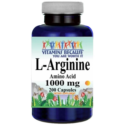 #ad L Arginine 1000mg 200 Capsules Free Form by Vitamins Because USA Highest Form