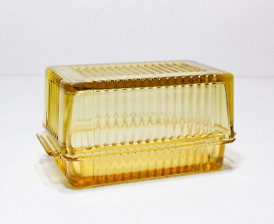 #ad Vintage Federal Amber Yellow Glass Rentangle Butter Dish