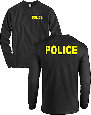 #ad POLICE Front and Back Long Sleeve Shirt Huge NEON YELLOW LETTERS Black NEW