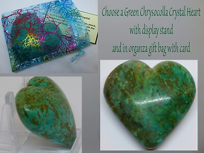 #ad Green Chrysocolla Crystal Heart Peruvian Gemstone 62 to 67 mm in Organza Bag
