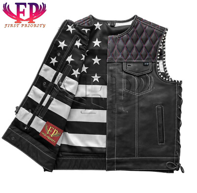 #ad Men#x27;s Motorcycle Leather Vest Americano Men#x27;s Club Style 100% Real Leather Vest