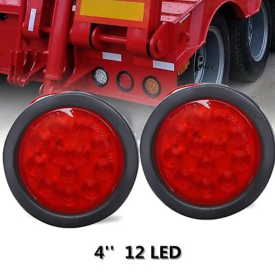 #ad 2x 12 LED 4quot; Round Truck Trailer RV Brake Stop Turn Tail Rubber Light Red