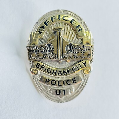#ad Brigham City Utah POLICE BADGE Tie Clasp Clip Pin Silver and Gold Tone
