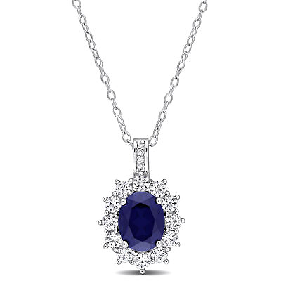 #ad Amour Silver 4CT TGW Blue and White Created Sapphire and Diamond Accent Necklace