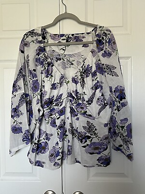 #ad Anthropologie Plus Size 2X White And Purple Flower Cotton Blouse