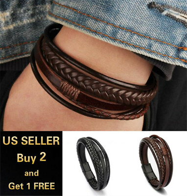 #ad #ad Men Jewelry Black Braided Leather Bracelet Multi Layer Stainless Steel Clasp A