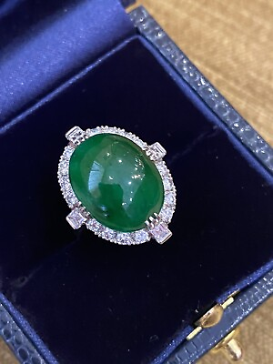 #ad GIA Untreated Jade Oval Cabochon and Diamond Vintage Platinum Ring HM2258AE