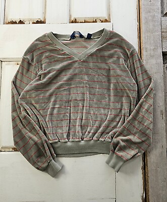 #ad Vintage 1980s Kingsport Striped Velour Pullover Sweater Grey XL