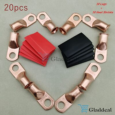 #ad 20PCS 1 0 AWG Gauge Copper Lugs W BLACK amp; RED Heat Shrink Ring Terminals Wire