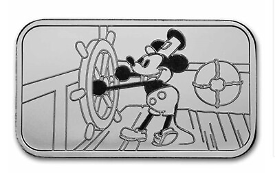 #ad 1 oz .999 Fine Silver Bar Mickey Mouse Steamboat Willie BU
