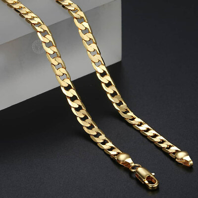 #ad 5mm Male Female Chain Cut Flat Curb Cuban Link Yellow Gold Plated Necklace 18 24
