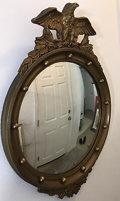 #ad Antique Large Federal Style Gilt Wood Bulls Eyed Mirror