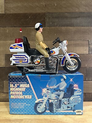 #ad Vtg Mega Highway Patrol Police Motorcycle Battery Operated Toy With Box 16.5”