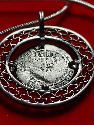 #ad 1581 English Tudor Rose 🌹Silver 3d Coin Pendant 24quot; White Gold Filled Necklace.