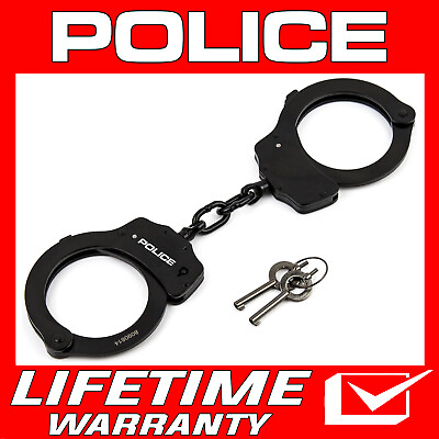 #ad POLICE Handcuffs Double Lock Steel Metal Professional Heavy Duty w Keys Black