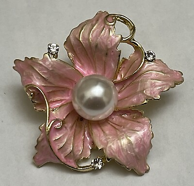 #ad Pink Enamel Crystal Glass Rhinestone Brooch Pin Daisy Rose Flower White Pearl