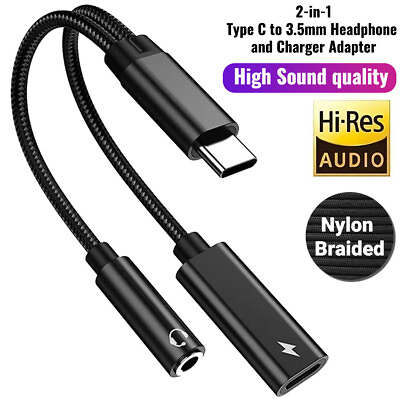 #ad 2 in 1 Type C USB C to 3.5mm AUX Audio Headphone Jack Adapter Charger Cable New