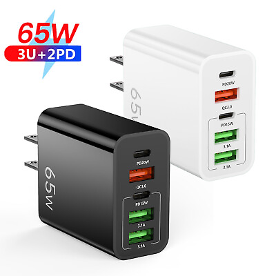 #ad 65W 5 USB Type C Fast Wall Charger PD QC 3.0 Adapter for Samsung iPhone MacBook