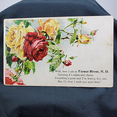 #ad Postcard ND Forest River Embossed Red Yellow Roses Old unknown year