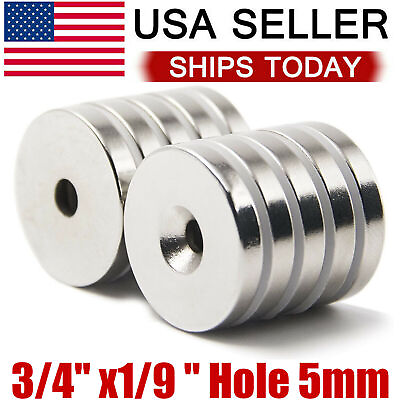 #ad 10 50 Strong Countersunk Ring Magnets 3 4quot; x1 9 quot; Hole 5mm Rare Earth Neodymium
