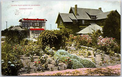 #ad 1909 Back Yard Scene In California Redondo Beach Flower Garden Vintage Postcard