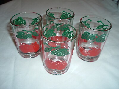 #ad 4 Federal TOMATOES Red Green Leaves Mid Century Glass 3quot; JUICE TUMBLERS