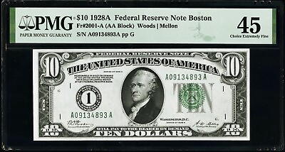 #ad 1928A Federal Reserve Note Boston Woods Mellon $10 PMG Choice EF 45 “Gold Note”