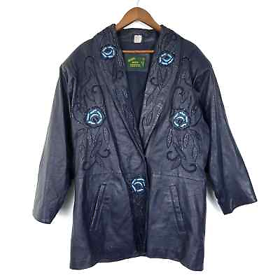 #ad Vintage 9000 Genuine Leather Navy Blue Floral Embellished Beaded Jacket Size XL