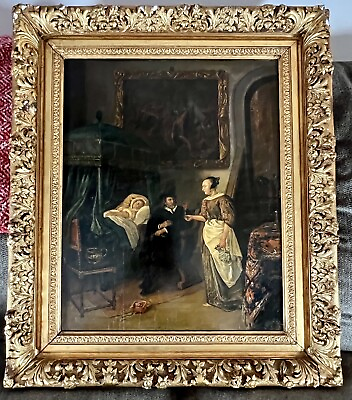 #ad Antique 19th Century Dutch Oil Painting Baroque Revival Style Interior Scene
