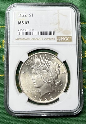 #ad 1922 $1 Peace Dollar NGC MS 63 90% Silver US Coin