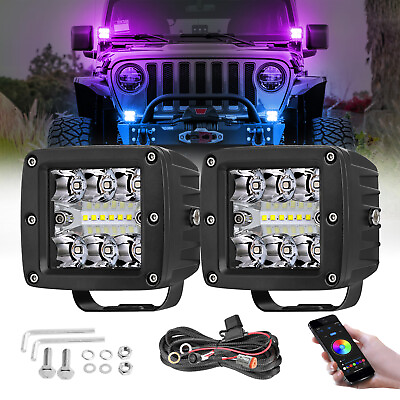 #ad 2PCS 3Inch RGB LED Pod Cube Lights Driving Offroad w Color Changing Strobeamp;White