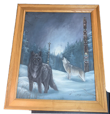 #ad Original Painting Wolf Wolves Totem Poles Snowy Forest Wood Frame 23.5quot; x 19.5quot;