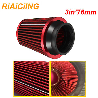 #ad Red 3quot; 76mm High Flow Cold Air Intake Cone Replacement Dry Filter Universal USA