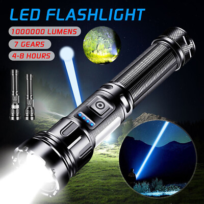#ad 1000000 Lumens LED Flashlight Tactical Light Super Bright Torch USB Rechargeable