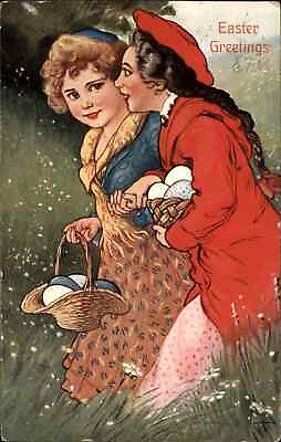 #ad Easter G.A. Novelty Art Series Girls Gathering Eggs c1910 Vintage Postcard