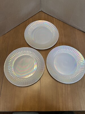 #ad #ad 3 Vintage Federal Glass Oven Proof Iridescent Moonglow 9 3 4quot; Dinner Plates