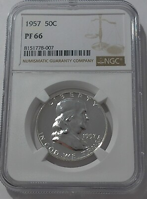 #ad 1957 NGC PF66 SILVER PROOF FRANKLIN HALF DOLLAR 50C 90% SILVER WHITE LABEL