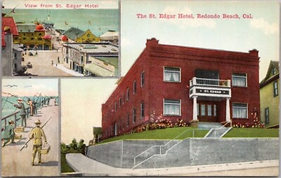 #ad REDONDO BEACH California Postcard THE ST. EDGAR HOTEL Street View c1910s